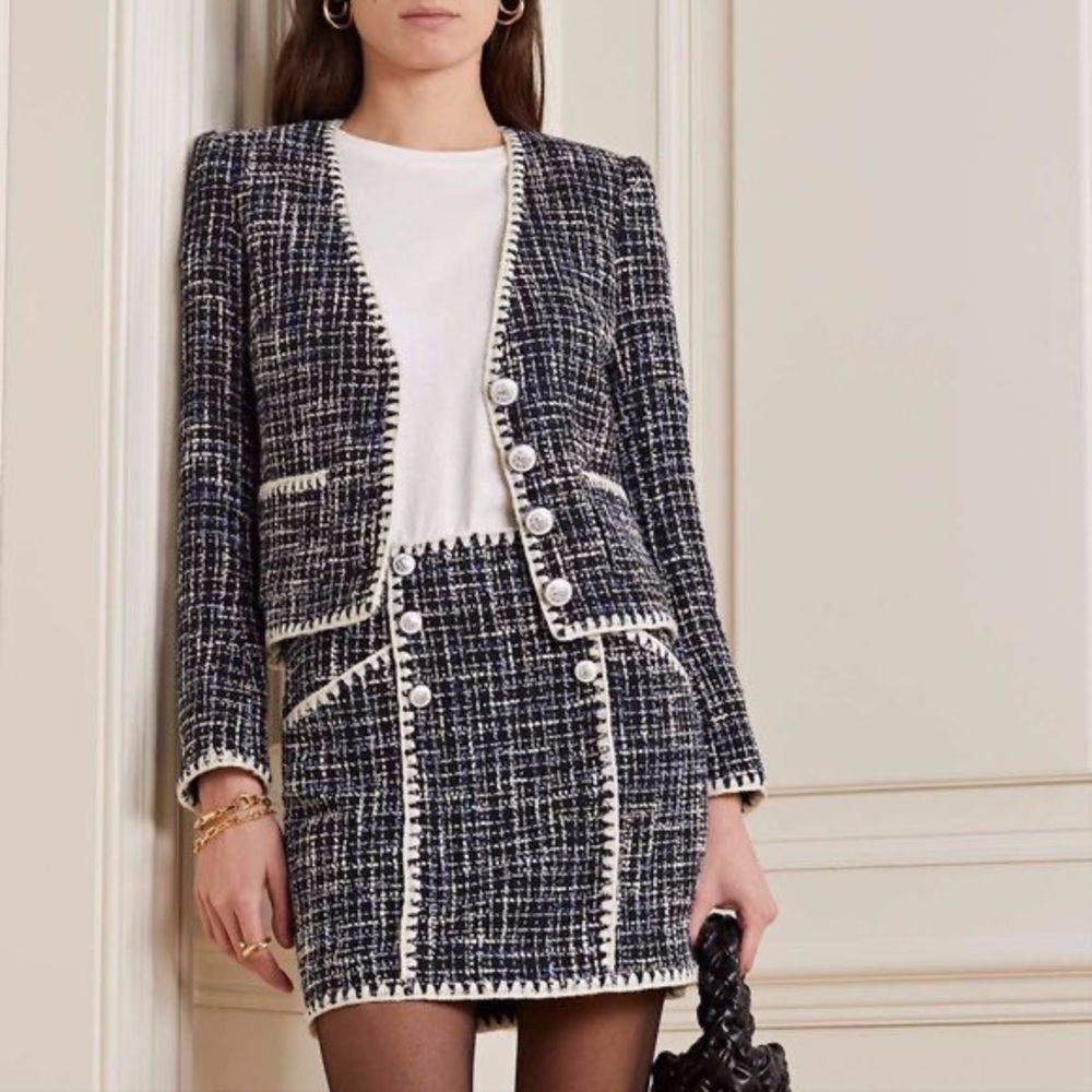 NWT $748 Veronica Beard Bosea Cotton Blend Tweed Blue Jacket